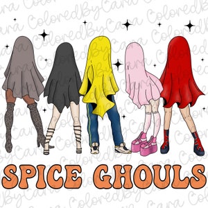Könnte beinhalten: Fünf Figuren, die als Geister in verschiedenen Farben verkleidet sind, stehen in einer Reihe. Die Geister tragen Schwarz, Grau, Gelb, Rosa und Rot. Der Text "SPICE GHOULS" ist in Orange unter den Figuren geschrieben.