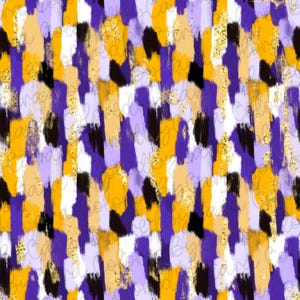 Könnte beinhalten: Abstraktes nahtloses Muster mit violetten, gelben, weißen, schwarzen und goldenen Pinselstrichen. Das Muster eignet sich perfekt für Stoffe, Tapeten oder Geschenkpapier.