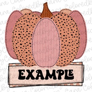 May include: A pink and brown pumpkin with a black and white polka dot pattern. The pumpkin has a brown stem and is sitting on a pink and white patterned banner with the word "EXAMPLE" in black text.