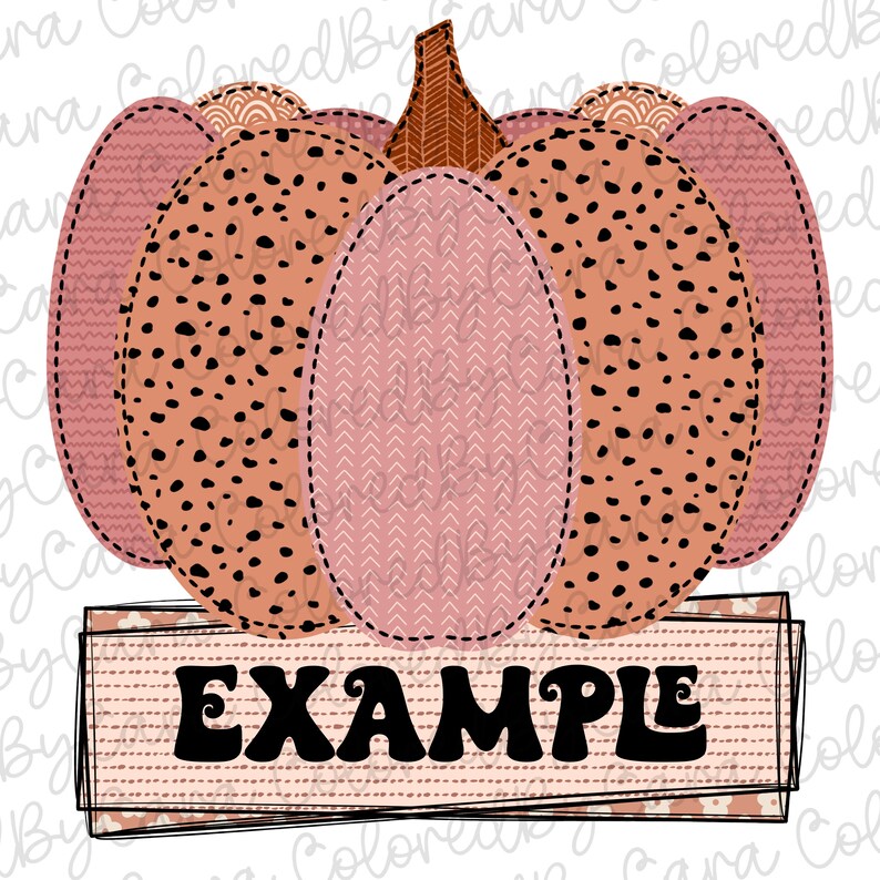 May include: A pink and brown pumpkin with a black and white polka dot pattern. The pumpkin has a brown stem and is sitting on a pink and white patterned banner with the word "EXAMPLE" in black text.