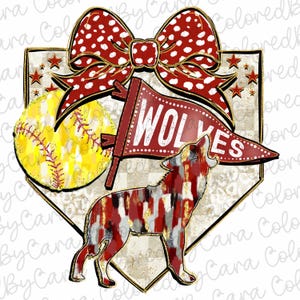 May include: A red and white polka dot bow with a gold trim sits above a softball and a wolf silhouette. A red pennant with the word "WOLVES" is behind the wolf. The background is a gold and white checkered pattern.