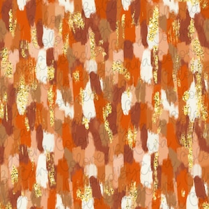 Könnte beinhalten: Abstraktes nahtloses Muster mit Pinselstrichen in Orange-, Braun- und Weißtönen mit goldenen Glitzerakzenten.