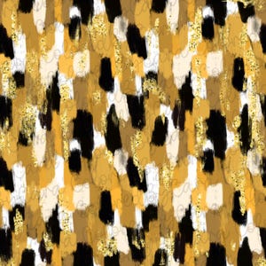 May include: Abstract pattern with gold, black, and white brushstrokes. The pattern is seamless and can be used for a variety of projects, such as fabric, wallpaper, or wrapping paper.