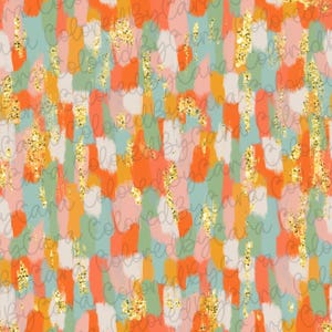 May include: Abstract seamless pattern with colorful brushstrokes in shades of orange, pink, green, and blue. The background is a white canvas with gold glitter accents.