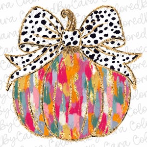 May include: A colorful pumpkin design with a white bow featuring black spots. The pumpkin is painted with vertical brushstrokes in shades of pink, orange, yellow, and teal, outlined with gold glitter.