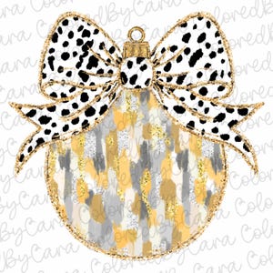 May include: A gold Christmas ornament with a white and black spotted bow. The ornament has a textured, abstract pattern in shades of gold, gray, and white.