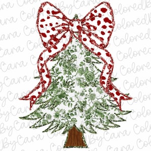 Könnte beinhalten: Ein grüner Weihnachtsbaum mit einer roten Schleife mit weißen Punkten. Der Baum ist mit einem Blumenmuster verziert und hat einen braunen Stamm.