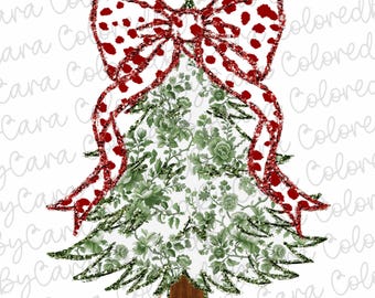 Green Grand millennial Coquette gold glitter Christmas tree chinoiserie png girls christmas design dtf bow acrylic brushstroke