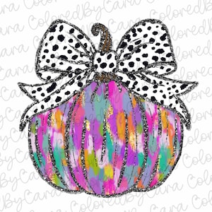 Färgglad Coquette svart glitter pumpa png flickor höst pumpa design dtf Halloween flickor höst png barn höst design rosett akryl penseldrag
