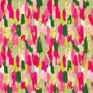 May include: Abstract seamless pattern with brushstrokes in shades of pink, green, yellow, and gold. The pattern is perfect for fabric, wallpaper, or wrapping paper.