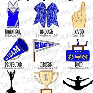 May include: A digital graphic with the text "GOD SAYS I AM" above various illustrations. These include a cheerleader uniform, a bow, a hand with a raised finger, a megaphone, a pennant, a boombox, a cheerleader, a trophy, and a person doing the splits.
