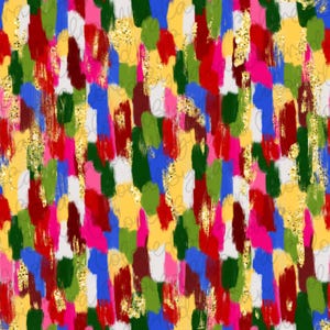 May include: Abstract seamless pattern with colorful brushstrokes in shades of red, pink, blue, green, yellow, and white. The background is a gold glitter pattern.
