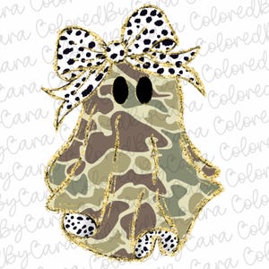 May include: A cute ghost with a camouflage pattern and a black and white polka dot bow. The ghost is outlined in gold glitter.
