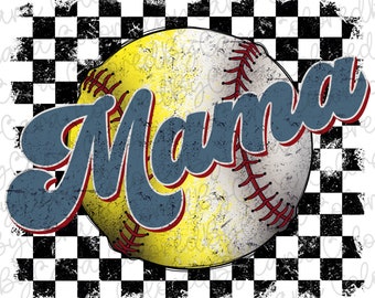 May include: A yellow softball with red stitching and a distressed blue and red "Mama" graphic on a black and white checkered background.
