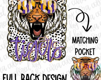 Tigers preppy mascot coquette png girls preppy Tigers design dtf purple and gold Tigers png Tigers mascot preppy png