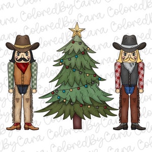 May include: Two cowboy nutcracker figurines stand on either side of a green Christmas tree decorated with red, blue, and yellow ornaments and lights. The tree has a gold star on top.