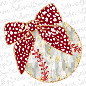 May include: A baseball-themed design featuring a red bow with white polka dots atop a baseball. The baseball has red stitching and gold glitter accents. The design is on a white background.
