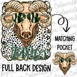 May include: A sublimation design featuring a cartoon ram wearing sunglasses with a camouflage pattern. The ram is on a white background with black and white spots. The word "Rams" is written in green and gold letters below the ram. The design is for a full back and includes a matching pocket design.