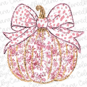 May include: A pink and gold pumpkin with a pink and white polka dot bow. The pumpkin is decorated with a floral pattern and glitter.