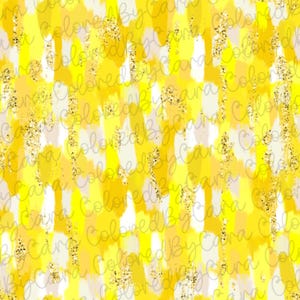 May include: Abstract seamless pattern with yellow, white and gold brushstrokes. The pattern is repeated throughout the image. The text "Colored By Cara" is repeated throughout the image.