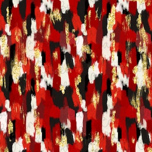 Op de afbeelding: Abstract naadloos patroon met rode, zwarte, witte en gouden penseelstreken. Het patroon is perfect voor stof, behang of inpakpapier.