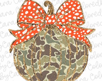 camo Coquette gold glitter pumpkin png girls fall pumpkin design dtf Halloween girls fall png kids fall design bow acrylic brushstroke