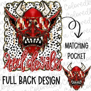 May include: Red devil with sunglasses on a black and white leopard print background with the text "red devils" in red letters.  Full back design.