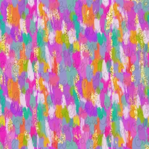 May include: Abstract seamless pattern with colorful brushstrokes and gold glitter accents. The background is a light purple color.
