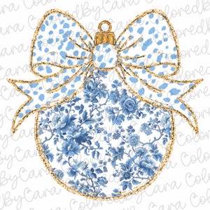May include: A blue and white floral Christmas ornament with a gold glitter bow. The ornament is decorated with a blue and white floral pattern and has a gold glitter finish.