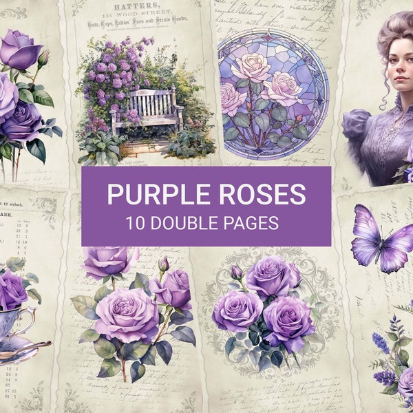 Purple Roses Junk Journal Kit, Vintage Purple Roses Junk Journal Pages, Junk Journal Printable Paper, Digital Collage Sheet