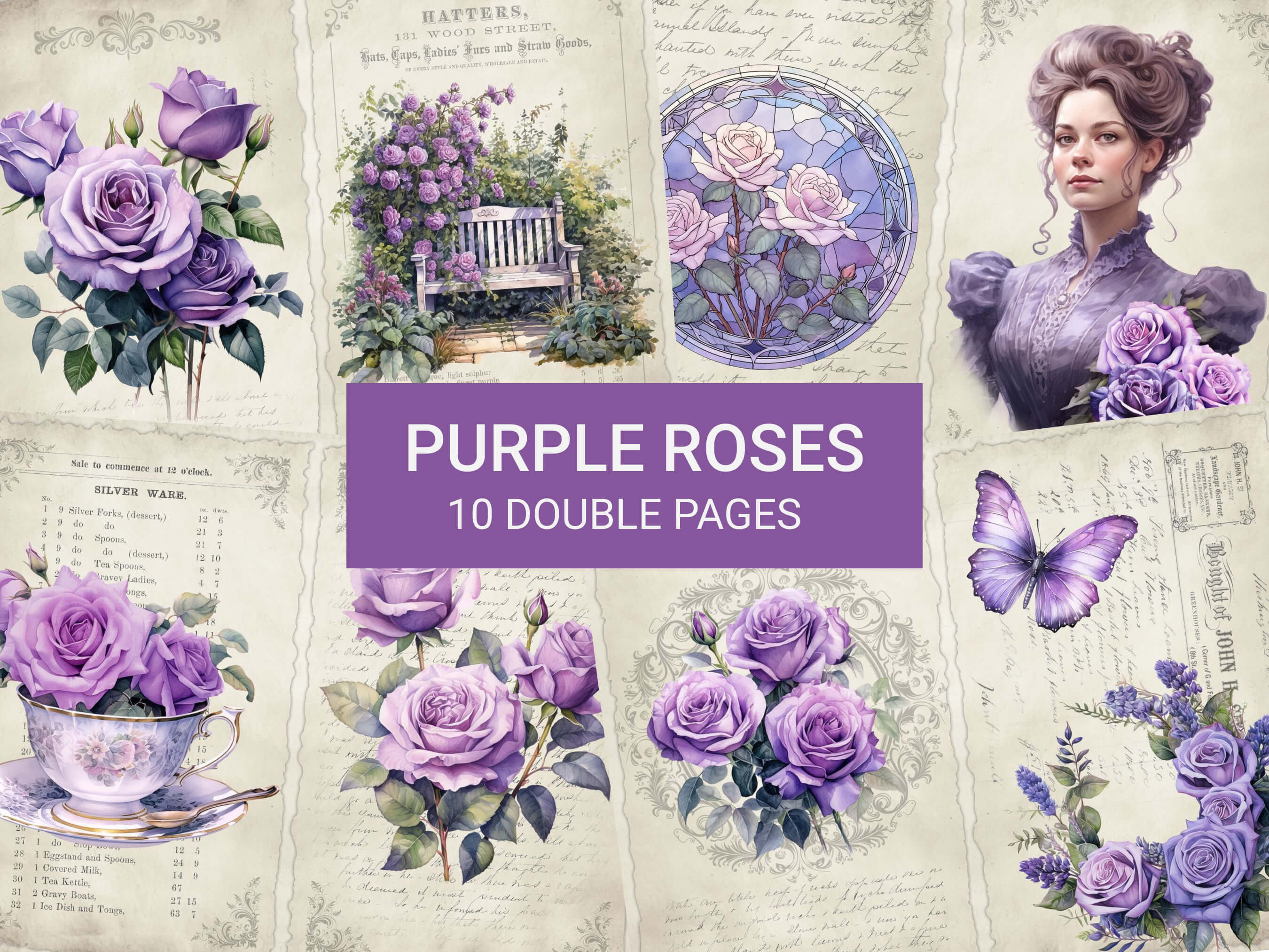Purple Roses Junk Journal Kit, Vintage Purple Roses Junk Journal Pages ...