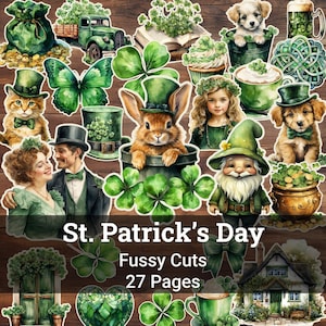 Jour de la Saint Patrick coupes difficiles Green Junk Journal imprimable feuille de collage irlandais éphémères Cricut Planner Stickers St Paddy téléchargement numérique