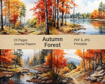 May include: A digital download of 25 printable journal pages featuring watercolor illustrations of autumn forests. The pages are available in PDF and JPG formats. The text "Autumn Forest" is displayed in the center of the image.