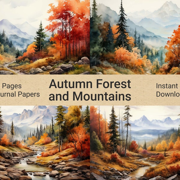 Watercolor Autumn Forest Digital Paper, Printable Mountain Forest Scrabook Paper, Autumn Background, Fall Landscapes Forest Journal Paper