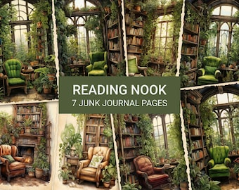 Gezellig boekenhoekje, ongewenste dagboekpagina's lezen, vintage boekenrommel dagboek kit, boekenliefhebber ongewenste dagboekpapier, digitaal collageblad boekenwurm