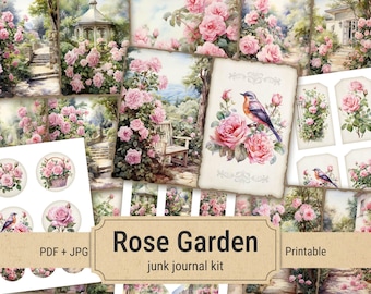 Kit de diario basura con rosas rosas, efímeras, imprimibles, papel de diario basura con flores rosas, hojas de collage digital