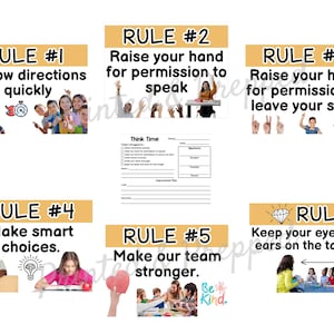 May include: Classroom rules poster with six guidelines for student conduct. The rules cover topics such as following instructions, raising hands, and making good choices. The poster includes illustrations and the phrase "Be Kind."