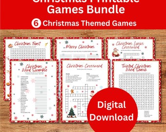 May include: A digital download bundle of six printable Christmas-themed games. The games include a Christmas feast word search, a Christmas word scramble, a Merry Christmas word search, a Christmas lyrics crossword, a Christmas crossword, and a twisted Christmas word search. The games are designed with a red and white color scheme and feature snowflakes and Christmas trees.