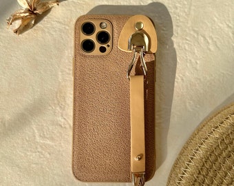 Beige Leather Phone Case, Wrist Strap Grip, iPhone 15, 14, 13, 12, 11, Pro Max Case, Leather iPhone Cover, Aesthetic iPhone Case