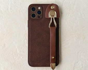 Brown Leather Phone Case, Wrist Strap Grip, iPhone 15, 14, 13, 12, 11, Pro Max Case, Leather iPhone Case, Aesthetic iPhone Cover