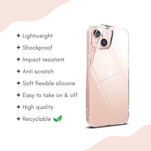 May include: Clear phone case with a rose gold phone inside. The case is made of flexible silicone and is designed to be shockproof, impact resistant, and anti-scratch. It is also lightweight, easy to put on and take off, and recyclable.