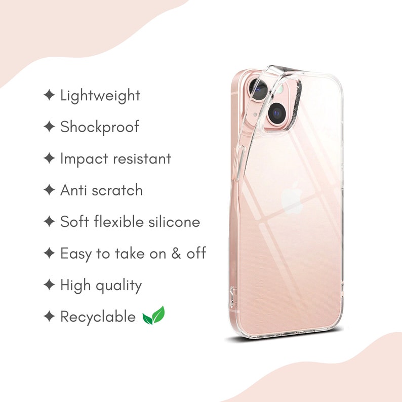 May include: Clear phone case with a rose gold phone inside. The case is made of flexible silicone and is designed to be shockproof, impact resistant, and anti-scratch. It is also lightweight, easy to put on and take off, and recyclable.