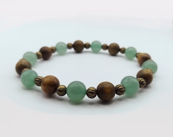 Prosperity's Embrace | Green Aventurine & Sandalwood | Asian Elegance with Antique Bronze Accents | 8" Natural Gemstone Bead Bracelet