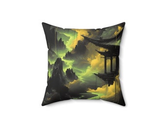 14" Mystical Temple in Clouds Pillow | Fantasy Asian-Inspired Art | Vibrant Polyester Cushion | Hidden Zipper Design