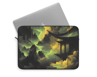 Mystical Pagoda Vista | 13" Asian-Inspired Ink Wash Laptop Sleeve | Protective & Stylish Cover | Polyester Zip-up Laptop Case