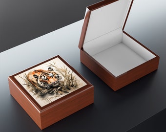 Tiger in the Grass Jewelry Box | 6x6 Inch Wooden Keepsake | Multiple Color Options