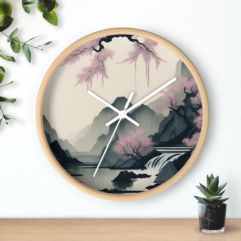 Muted Ink Painting Mountain Wall Clock Sakura Waterfall Design Wooden Frame Multiple Color Options image 10