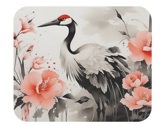 Asian Crane and Flowers Ink Illustration Mouse Pad | Floral Serenity | Desk Decor