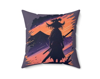 16" Samurai Silhouette Sunset Pillow | Epic Japanese Warrior Design | Soft Polyester Cushion | Solid Back & Hidden Zipper