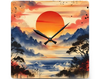 Sundown Silhouettes | Acrylic Wall Clock | Oriental Sunset Scenery | Round & Square Styles | Acrylic Wall Art